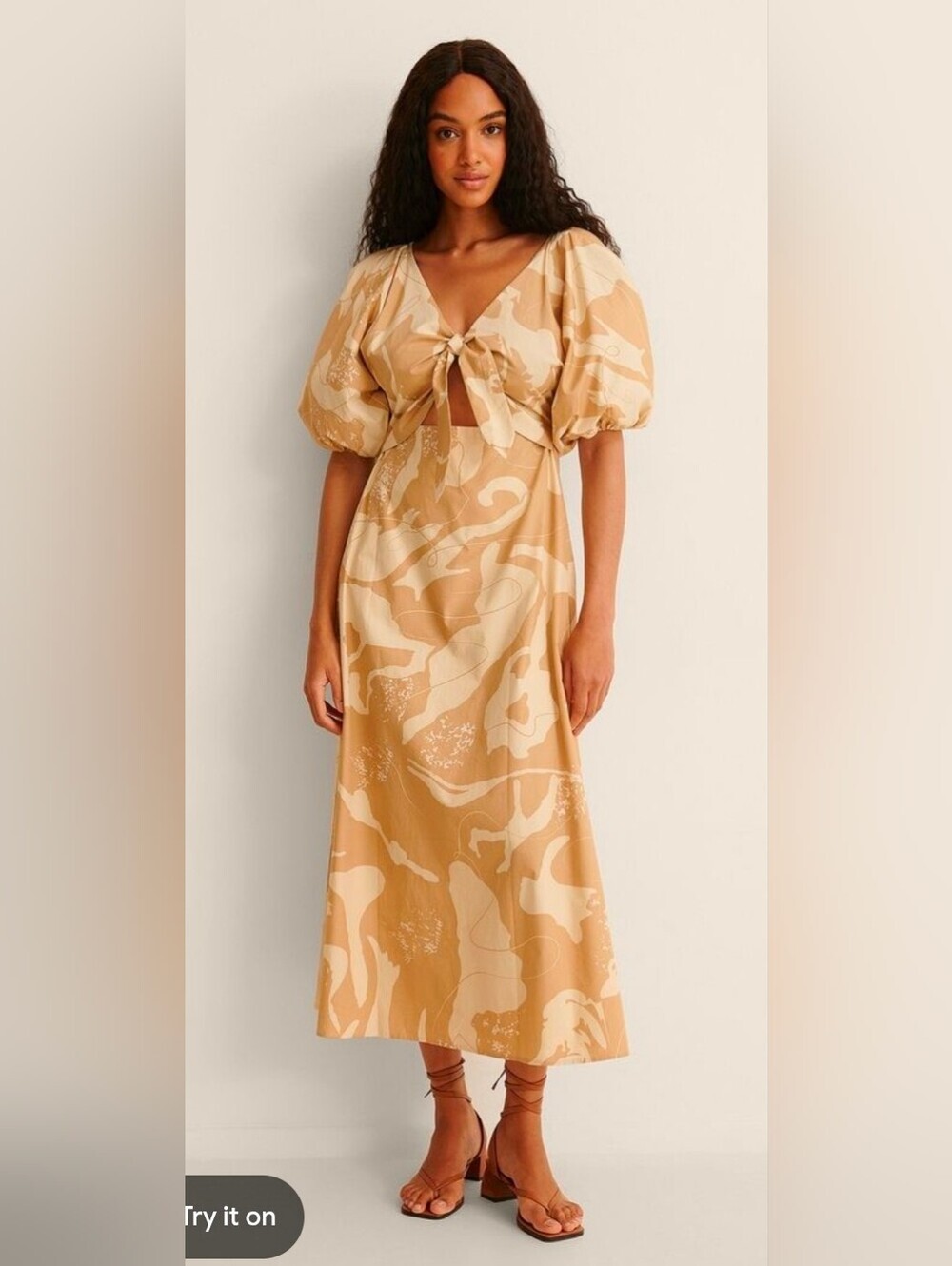 Puff-Sleeve Tie-Front Maxi Dress in Beige Print